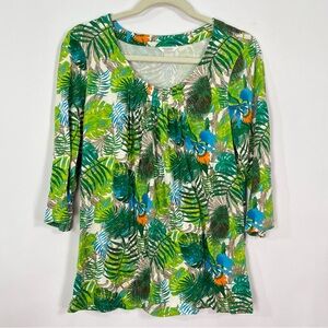 Christopher and Banks Tropical Floral Palm Leaf Print 3/4 Sleeve Blouse Sz Large